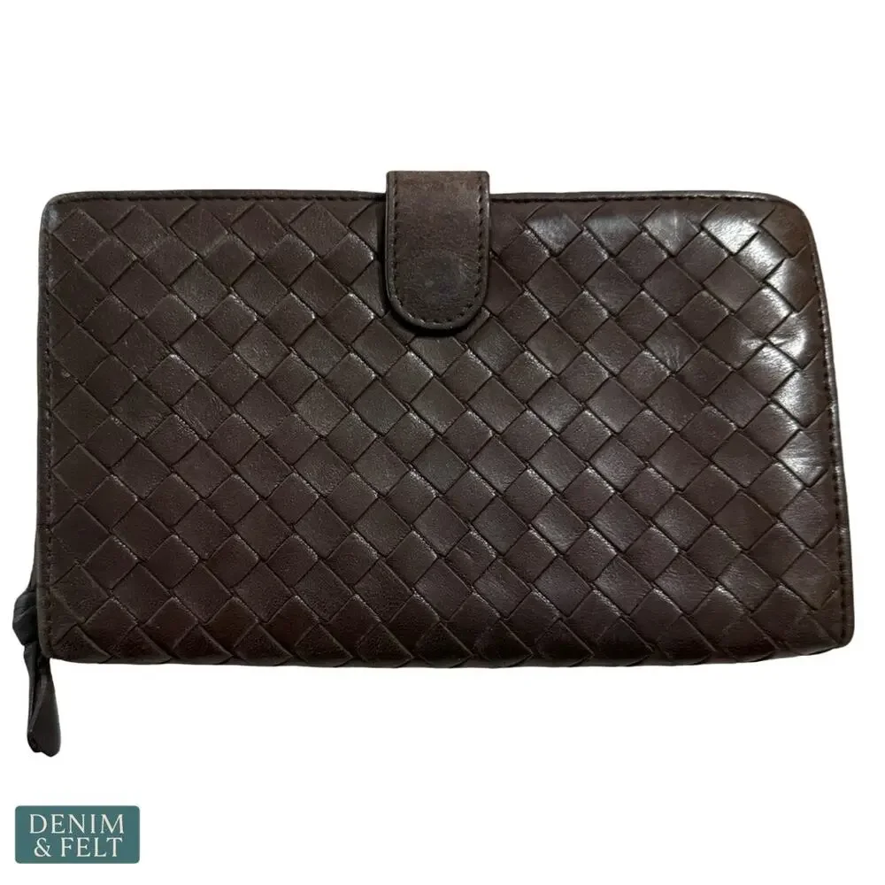 Bottega Veneta Intrecciato Brown Leather Zip Around Wallet Luxury Woven‎ Classic